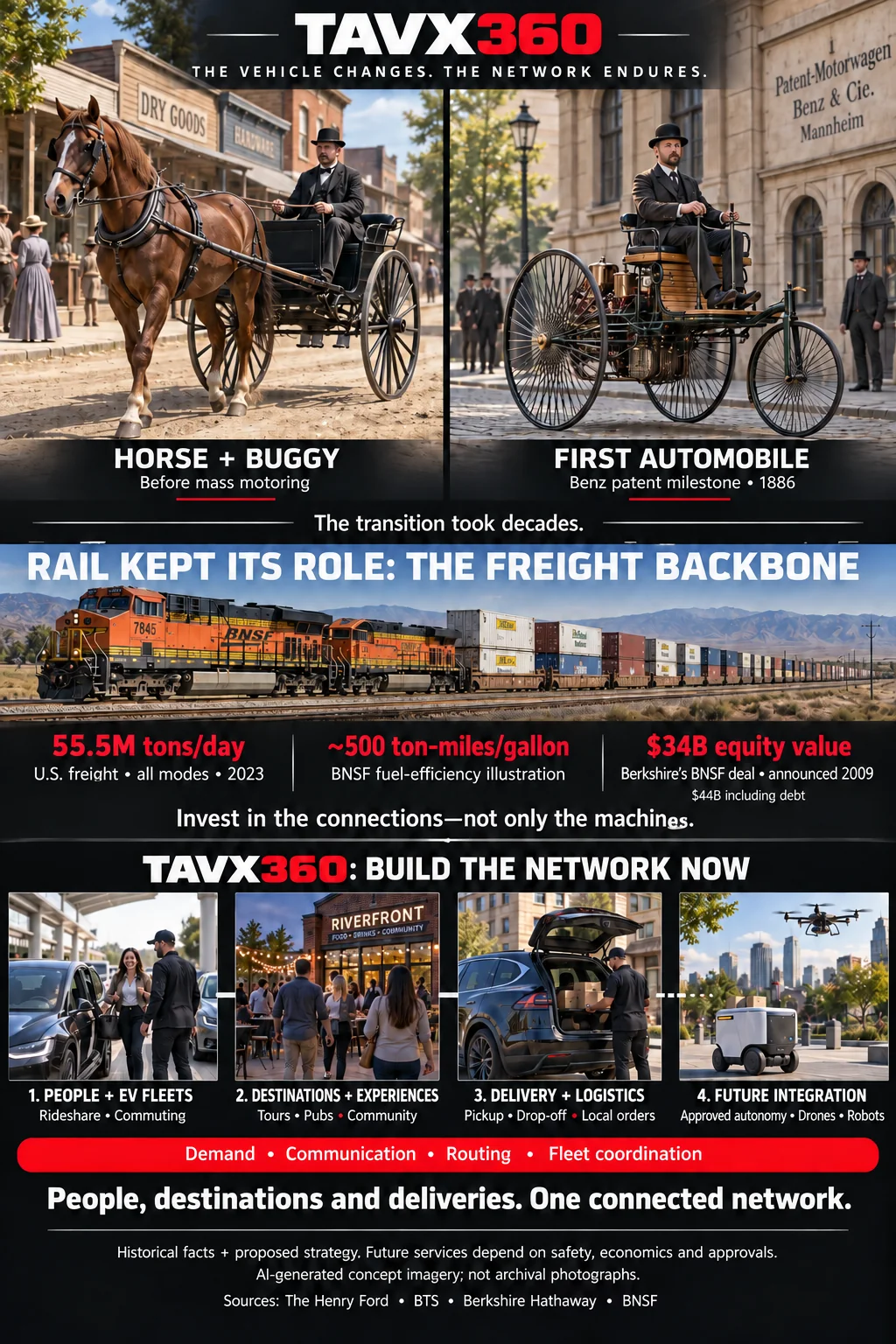 AI-generated TAVX360 concept poster connecting horse transport, rail freight and a proposed modern mobility network