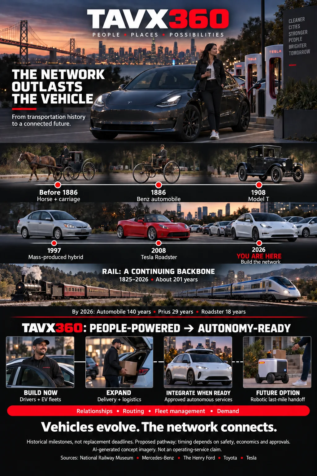AI-generated TAVX360 educational timeline showing selected transport milestones from horse and carriage to electric vehicles